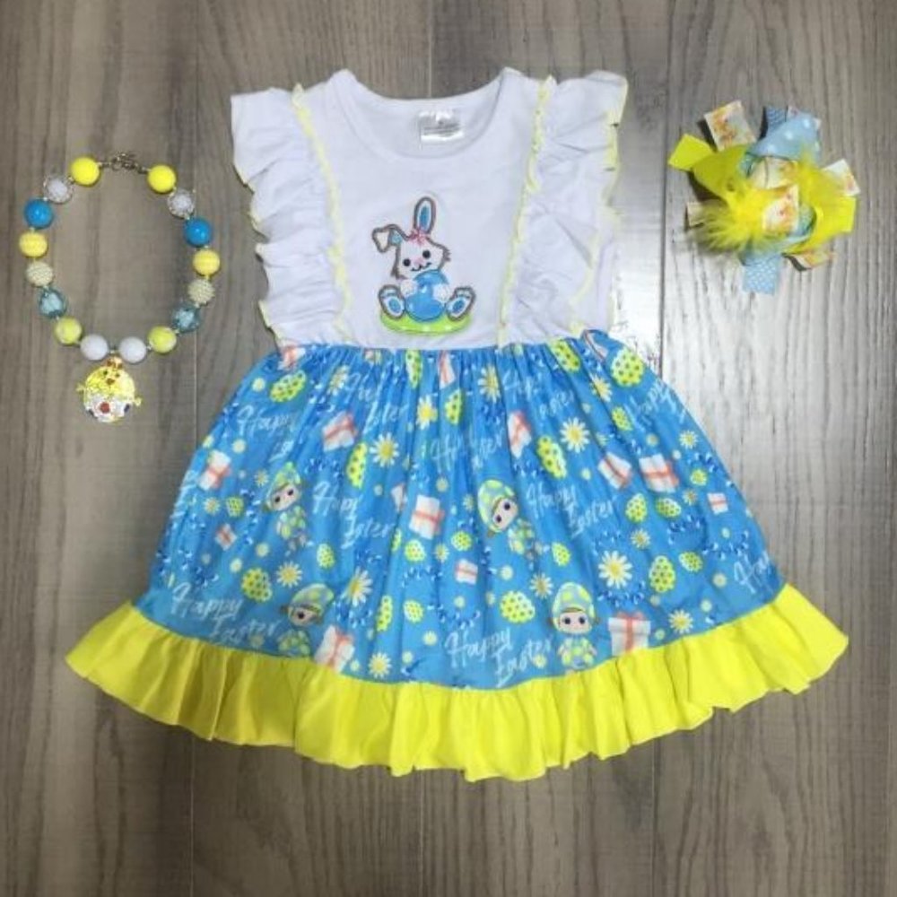 Easter Bunny Rabbit Girls Blue Ruffle Dress